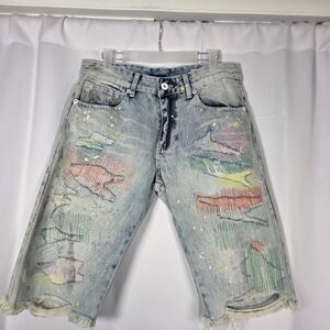 Smoke Rise Mens 32 Denim Distressed Shorts Paint Splatter Y2K Color Stitching